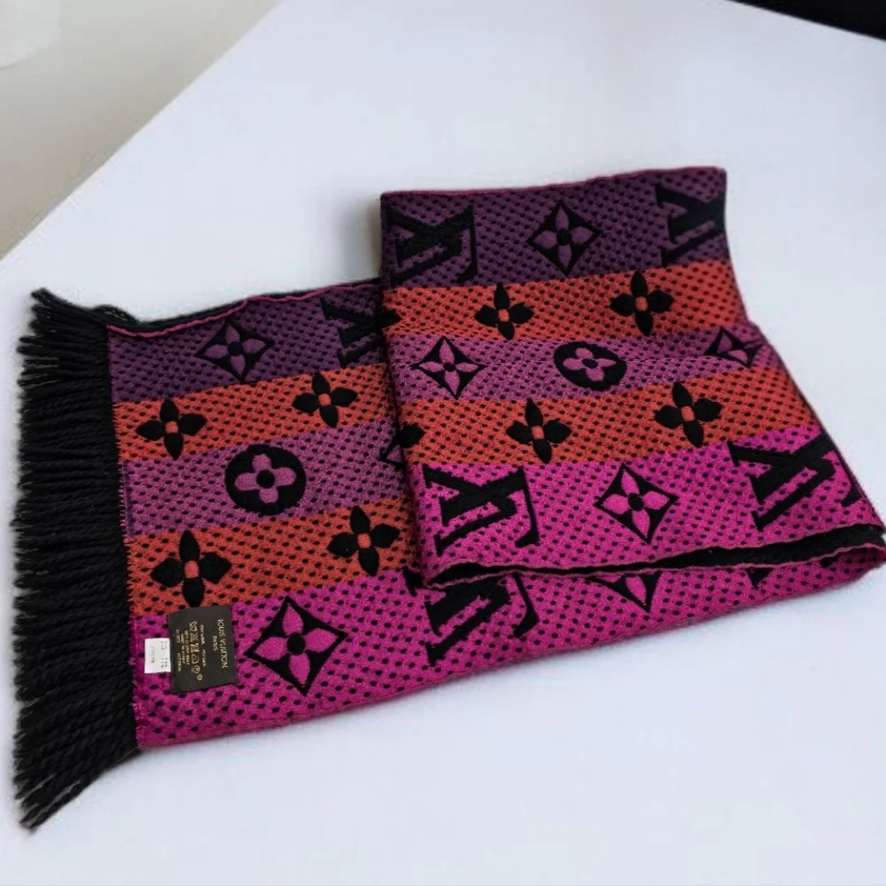 Louis Vuitton Echarpe Logomania Rainbow Wool Silk Scarf Black Pink